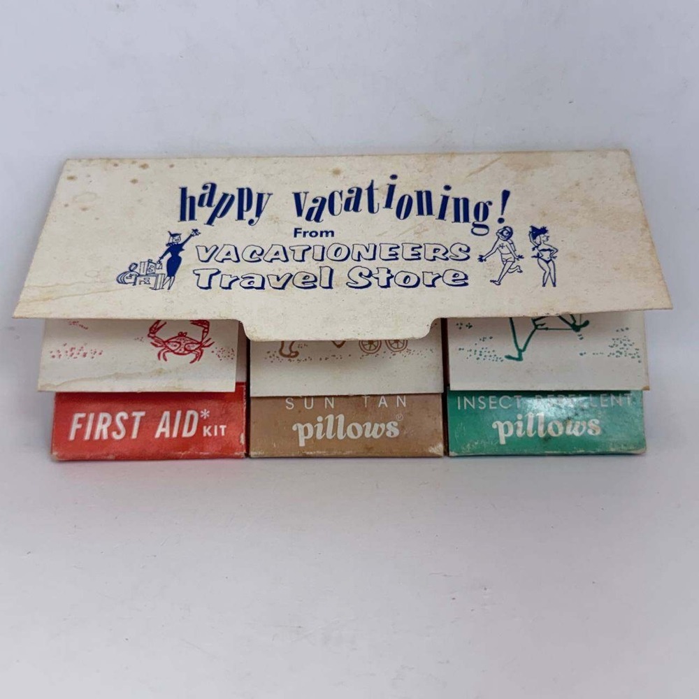 Vintage Vacationeers Travel Store Kit First Aid Sun Tan Insect Repellent Pillows
